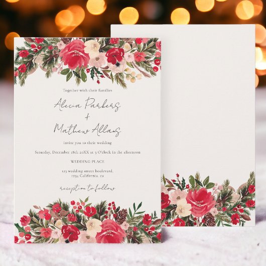 Invitation Mariage d'hiver rustique rouge vert floral