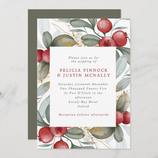 Invitation Mariage d'hiver Sage Green & Red Berries (Devant / Derrière)