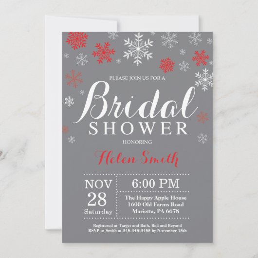Invitation Mariage d'hiver Shower Rouge Flocon de Neige Gris (Devant)