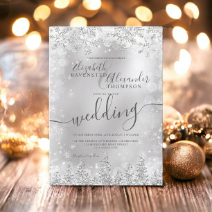 Invitation Mariage d'hiver Silver gris neige pin Noël