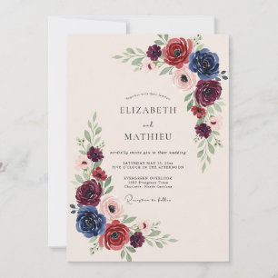 Invitation Mariage d'hiver somptueux bordeaux et marine