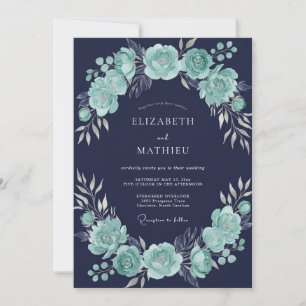 Invitation Mariage d'hiver sophistiqué bleu marine et menthe