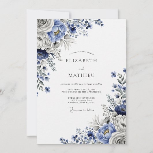 Invitation Mariage d'hiver sublime bleu acier (Devant)