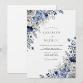 Invitation Mariage d'hiver sublime bleu acier (Devant / Derrière)