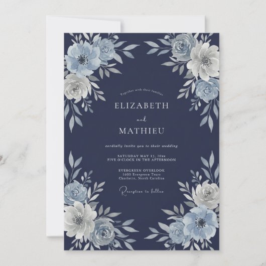Invitation Mariage d'hiver sublime bleu marine (Devant)