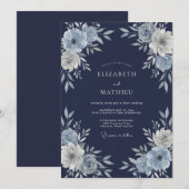 Invitation Mariage d'hiver sublime bleu marine (Devant / Derrière)
