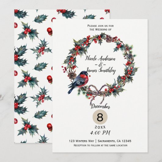 Invitation Mariage d'hiver Vacances Noël Houx Baie Oiseau (Devant / Derrière)