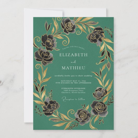 Invitation Mariage d'hiver vert émeraude doré (Devant)