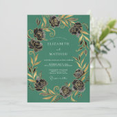 Invitation Mariage d'hiver vert émeraude doré (Debout devant)