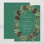 Invitation Mariage d'hiver vert émeraude doré (Devant / Derrière)