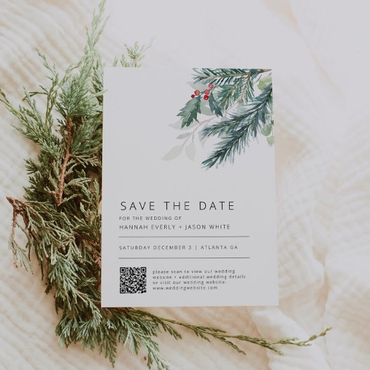Invitation Mariage d'hiver Vert QR Code Enregistrer la date