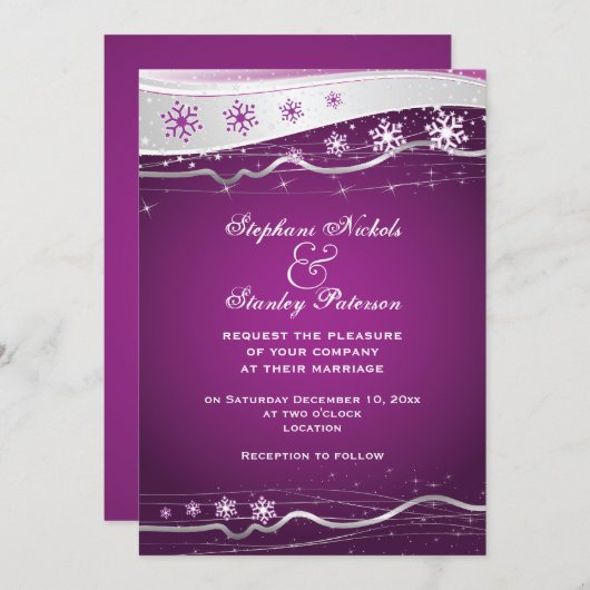 Invitation Mariage d'hiver violet, gris argenté (Devant / Derrière)