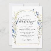 Invitation Mariage d'huile d'or floral bleu Dusty (Devant)