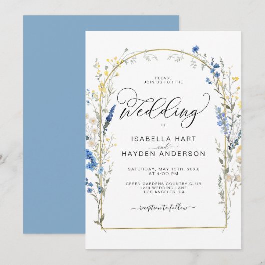 Invitation Mariage d'huile d'or floral bleu Dusty (Devant / Derrière)