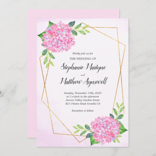 Invitation Mariage d'hydrangée rose géométrique moderne (Devant / Derrière)