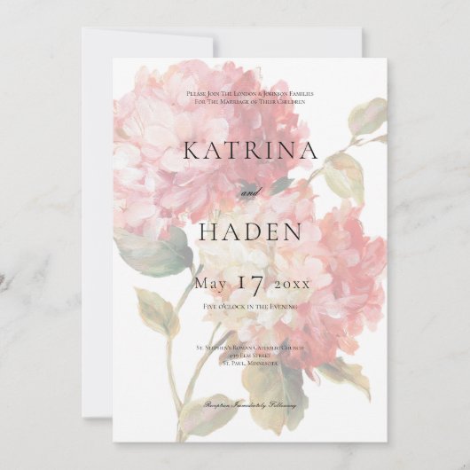 Invitation Mariage d'hydrangée rose moderne (Devant)