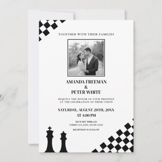 Invitation Mariage Diagonal Black Chess Bold Checkers (Devant)