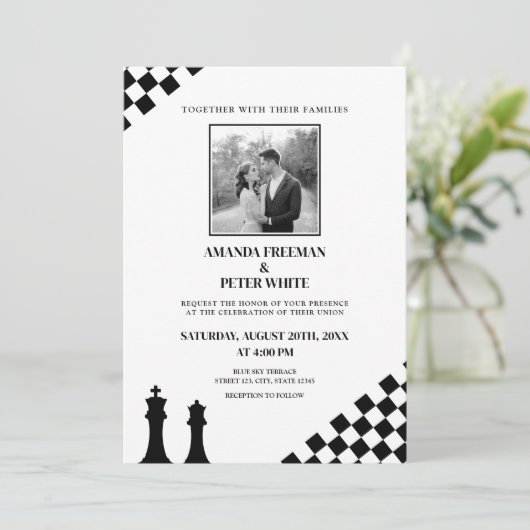 Invitation Mariage Diagonal Black Chess Bold Checkers (Debout devant)