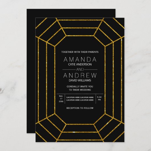Invitation mariage diamant de parties scintillant d'or géomét (Devant / Derrière)