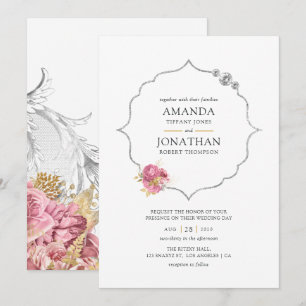 Invitation Mariage Diamant Floral Rouge et Or et Argent