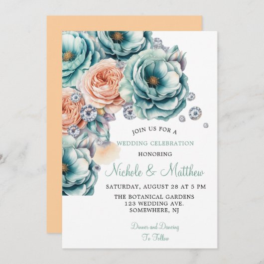 Invitation Mariage diamant Turquoise et Pêche Rose (Devant / Derrière)