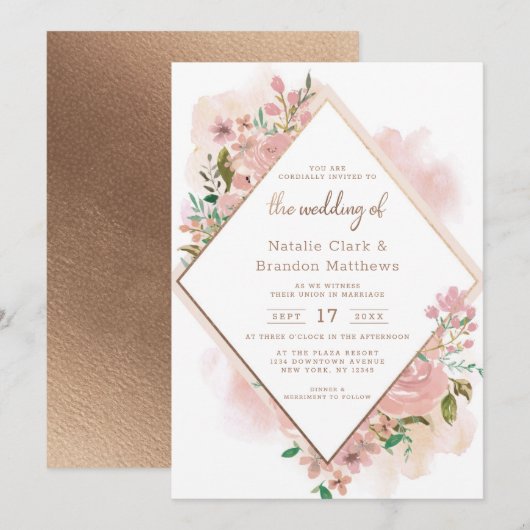 Invitation Mariage diamant Vintage Rose alléchant (Devant / Derrière)