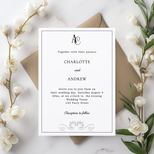 Invitation Mariage diamants monogramme moderne noir blanc