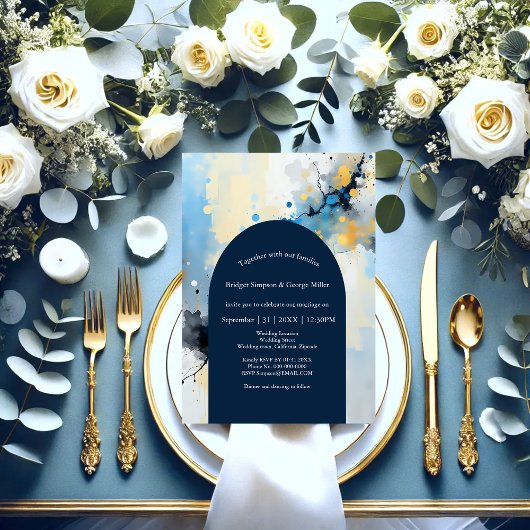 Invitation mariage d'illustration Abstrait Blue & Gold Ink