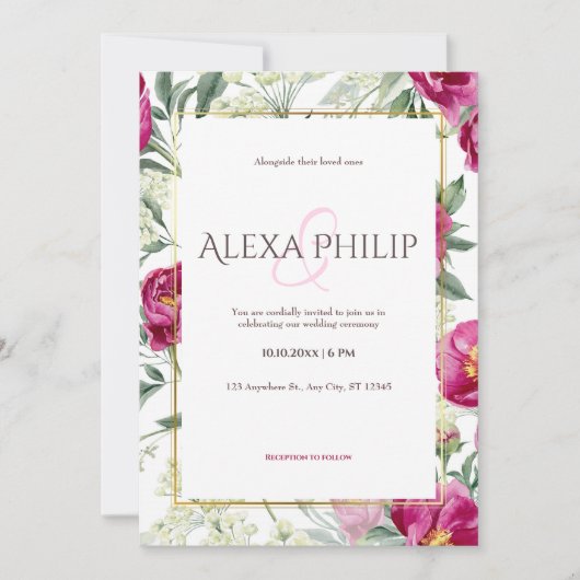 Invitation Mariage d'illustration couleur rose florale (Devant)