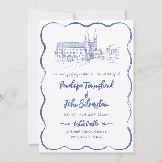 Invitation Mariage d'illustration de château à main lunaire (Devant)