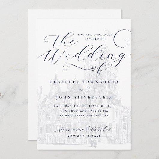 Invitation Mariage d'illustration de château de script romant (Devant / Derrière)