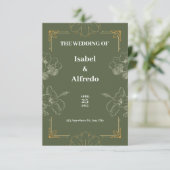 Invitation Mariage d'illustration de fleurs vert et jaune d'o (Debout devant)
