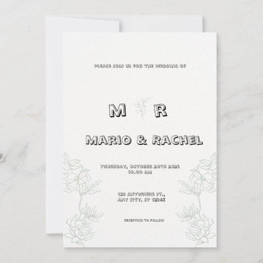 Invitation Mariage d'illustration florale simple en noir et b (Devant)