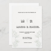 Invitation Mariage d'illustration florale simple en noir et b (Devant / Derrière)