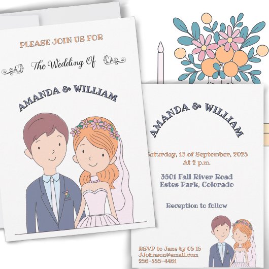 Invitation Mariage d'illustration simple, semblable à un dess