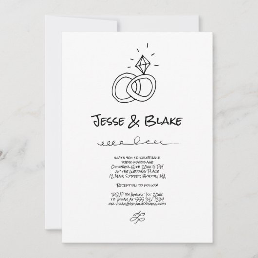 Invitation Mariage d'illustrations de Doodle en noir et blanc (Devant)
