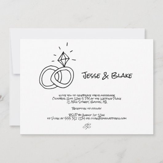 Invitation Mariage d'illustrations de Doodle en noir et blanc (Devant)