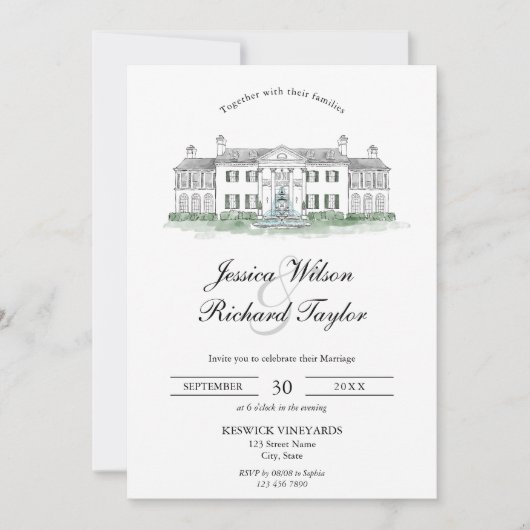Invitation Mariage d'illustrations du manoir de lieu dessiné  (Devant)