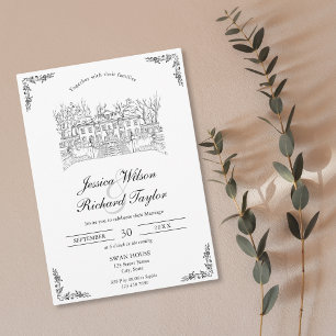 Invitation Mariage d'illustrations du manoir de lieu dessiné