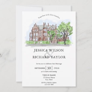 Invitation Mariage d'illustrations du manoir de lieu dessiné