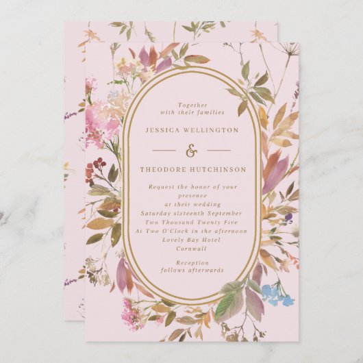Invitation Mariage d'images Boho Spring Blush & Gold Fleurs s (Devant / Derrière)