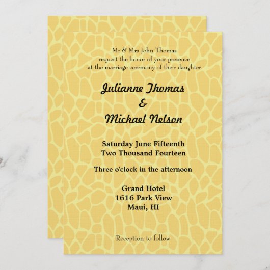 Invitation Mariage d'impression de girafe jaune (Devant / Derrière)