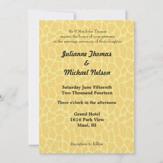 Invitation Mariage d'impression de girafe jaune (Devant)