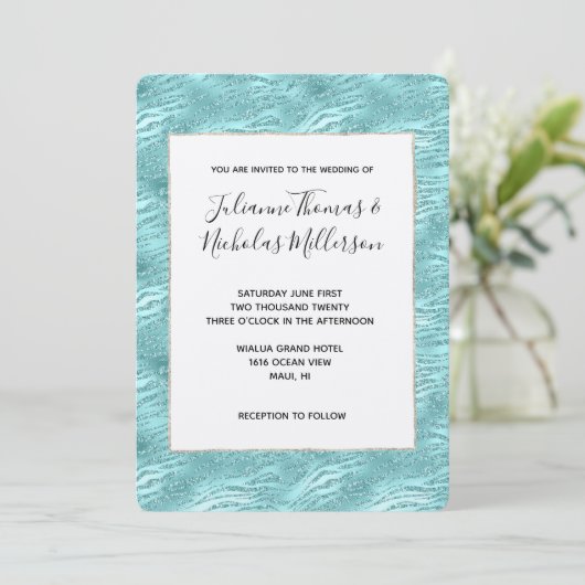 Invitation Mariage d'impression Glitzy Mint Zebra (Debout devant)