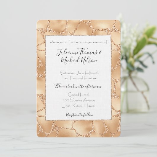 Invitation Mariage d'impression Glitzy Peach Gold (Debout devant)