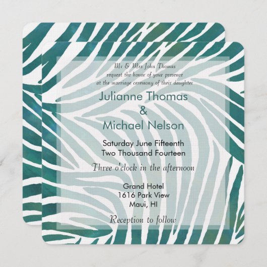 Invitation Mariage d'impression turquoise Zebra (Devant / Derrière)