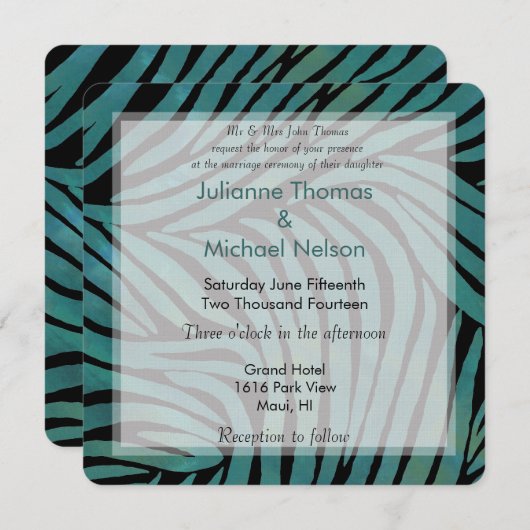 Invitation Mariage d'impression turquoise Zebra (Devant / Derrière)