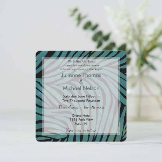 Invitation Mariage d'impression turquoise Zebra (Debout devant)