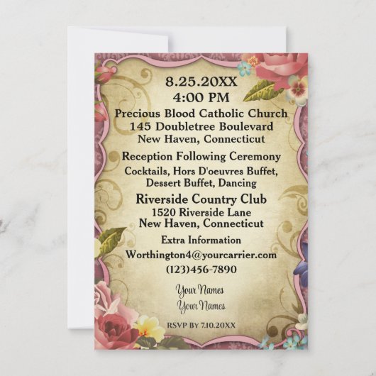 Invitation Mariage d'impression vintage (Dos)