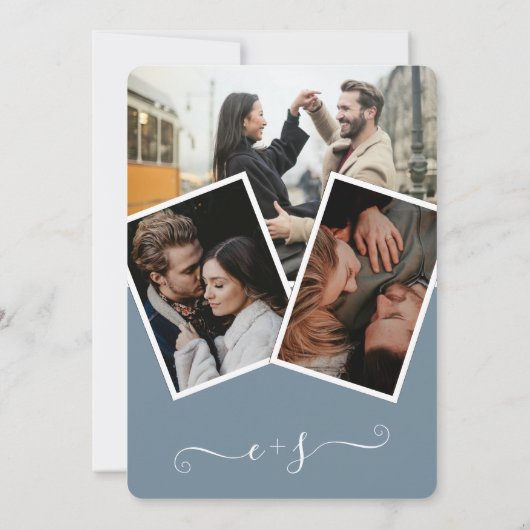 Invitation Mariage d'initiales photo bleu poussiéreux (Dos)